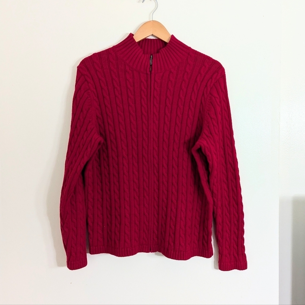 Like New L.L. Bean 100% Cotton‎ Cable Knit Full Zip Sweater Red Color Size 1X